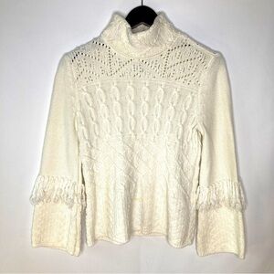 WHBM Women's Ivory Mock Neck Embellished Fringed Cable Knit Sweater Size Small